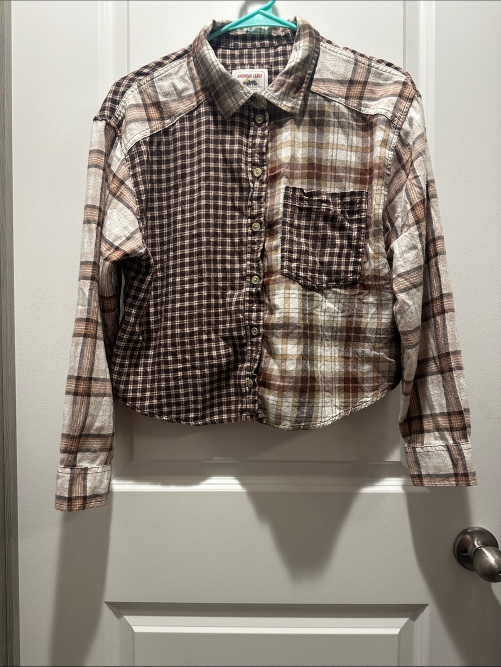 American Eagle Outfitters Brown and Cream Patchwork Plaid Button-Down Shirt